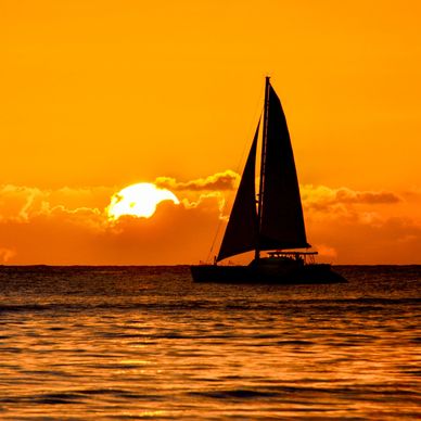 A golden sunset in the bay with a sailboat.