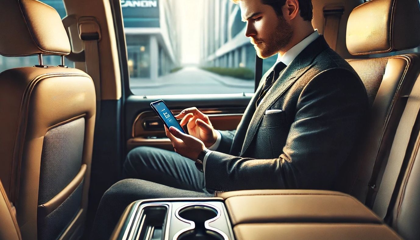 CityLux | Corporate executive in the back seat of a luxury Chevy Suburban, looking down at his phone