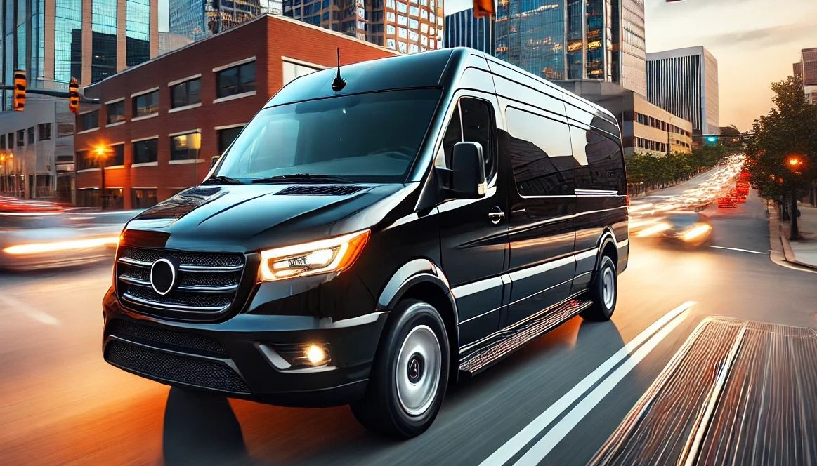 CityLux | Sleek black Mercedes Sprinter van in motion in a downtown setting.