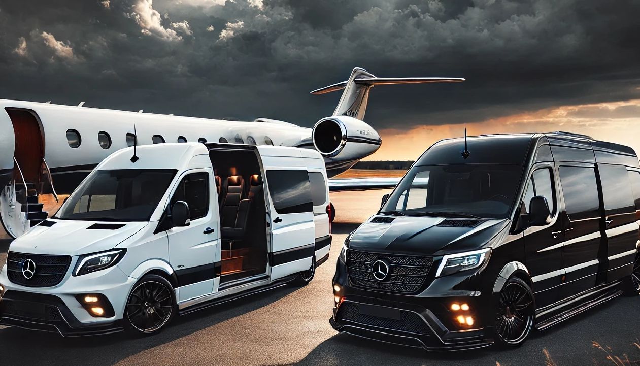 CityLux | Photo of black and white Mercedes Sprinter vans on tarmac with white private jet.