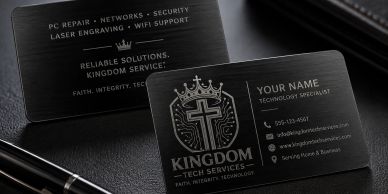 Elegant black business cards for Kingdom Tech Services with a crown and cross logo.