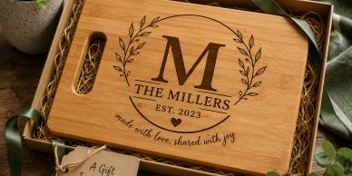 Customized wooden cutting board with family name and establishment year.
