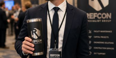 Man in suit holding a REFCON tumbler at a professional event.