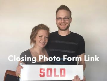 A man and woman holding a "SOLD" sign with a text "Closing Photo Form Link" written across the photo