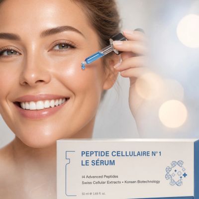 Woman applying peptide serum to her face with a smile.