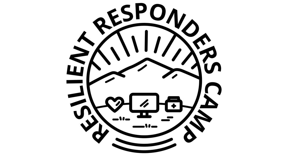 Logo for Resilient Responders Camp with mountains and health symbols.