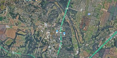 Aerial view of Belton, Texas showing roads, parks, and the University of Mary Hardin-Baylor.