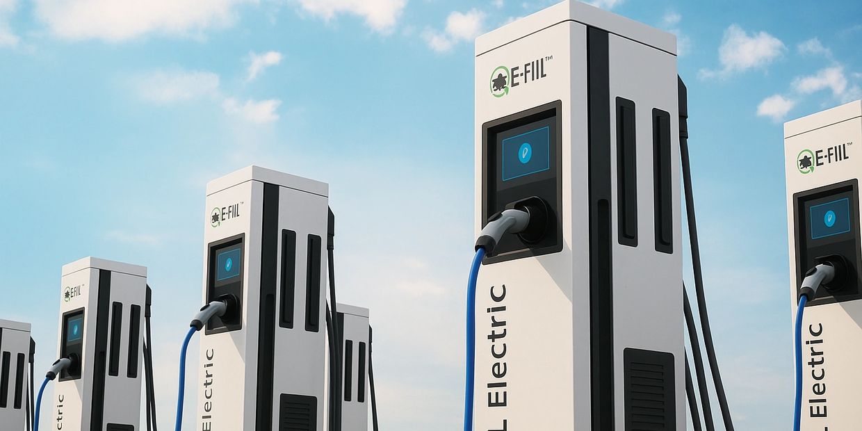 Row of modern E-Fill electric vehicle charging stations under a blue sky.
