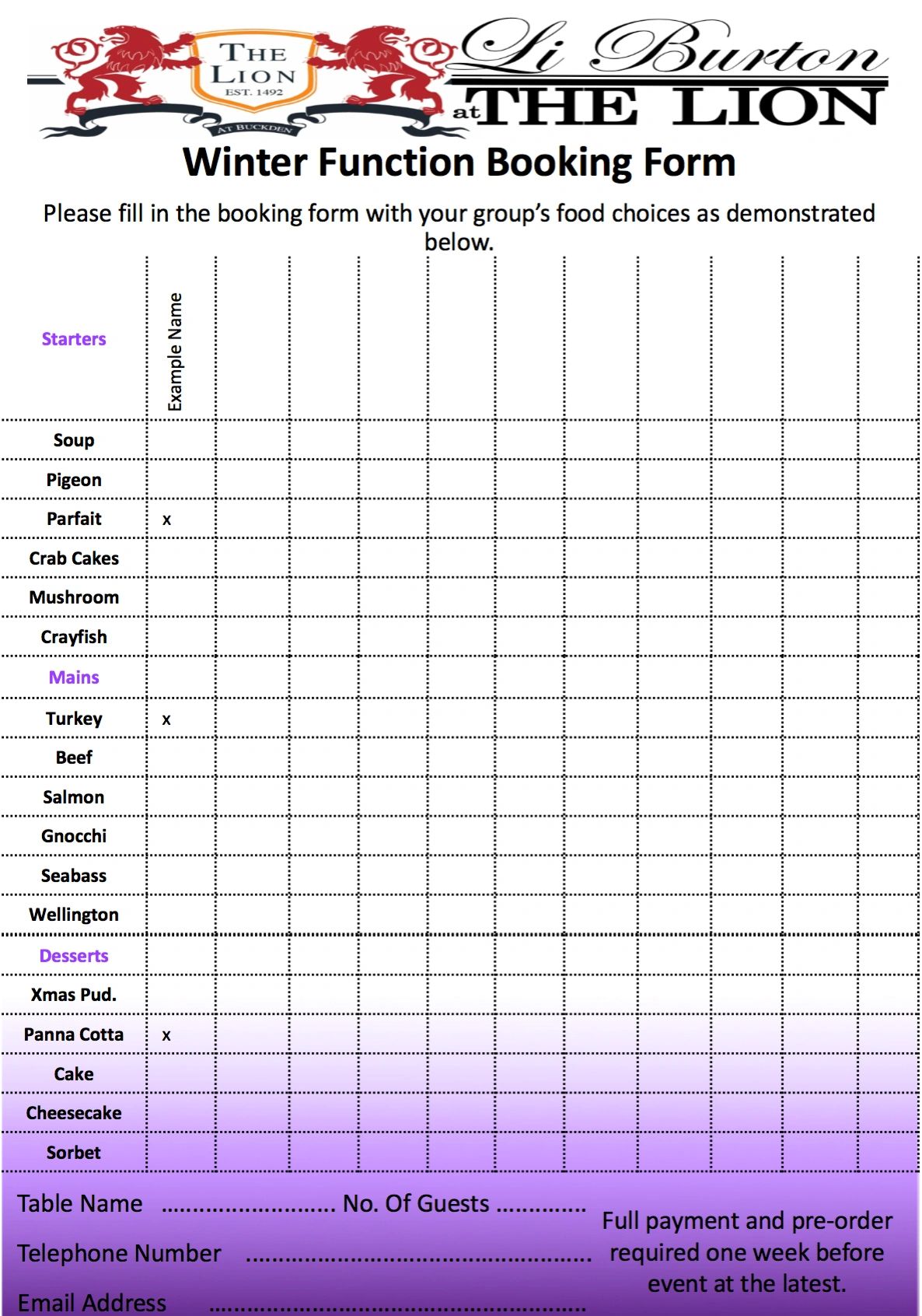 Winter function booking form with meal options at Li Burton at The Lion.