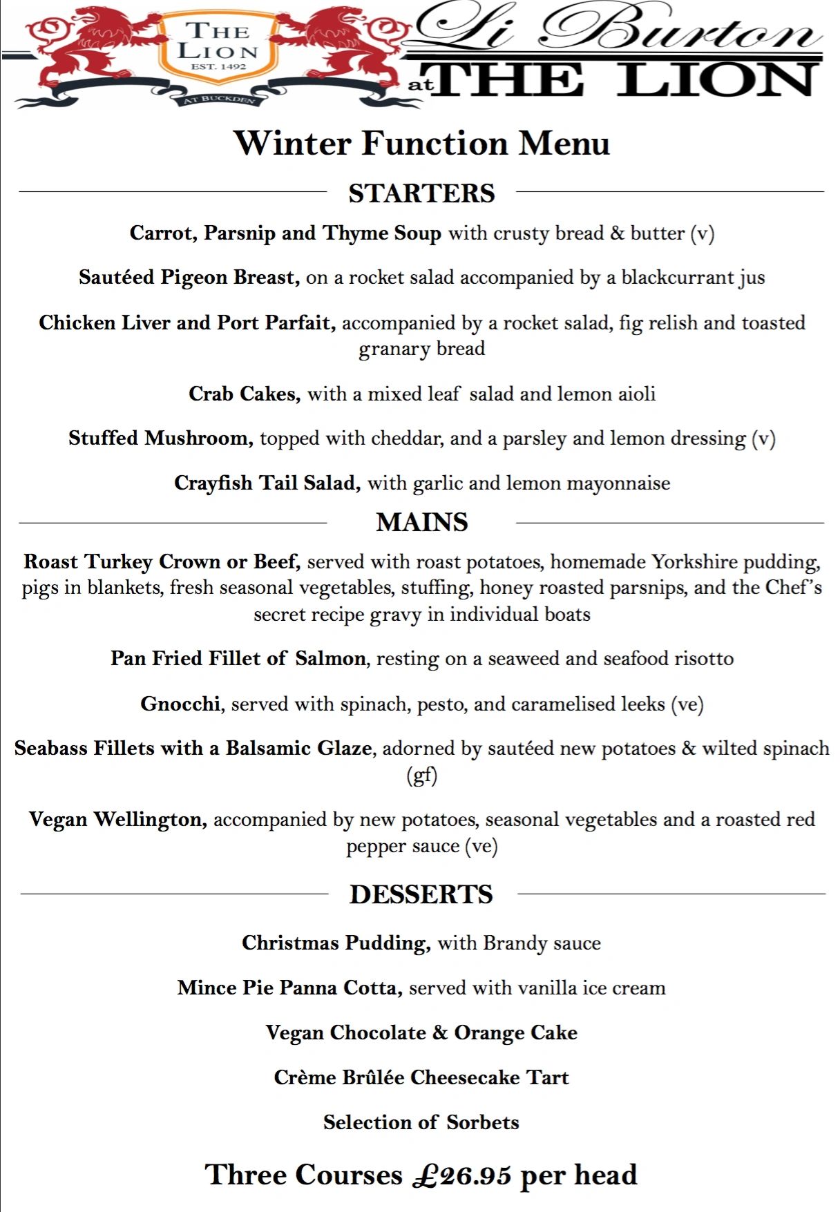 Winter function menu offering starters, mains, and desserts with three courses for £26.95.