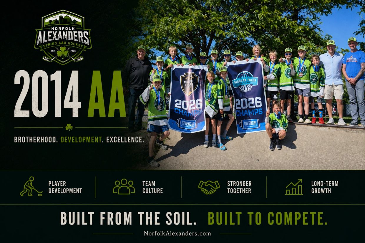 Norfolk Alexanders 2014 AA hockey team celebrating future 2026 championships with unity and development.