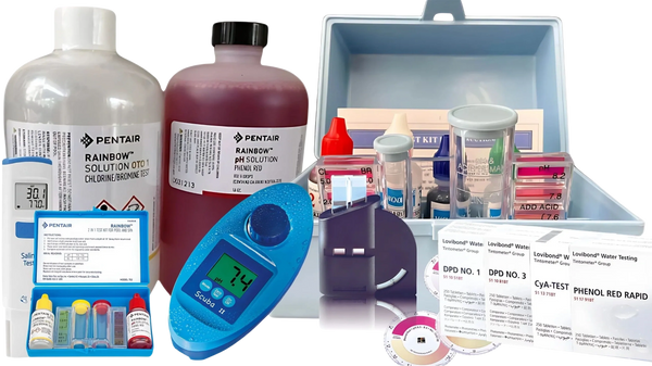 Water testing kits and solutions for pool and spa pH and chlorine levels.