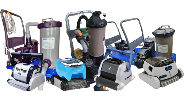 Various robotic pool cleaners and filtration systems on carts.
