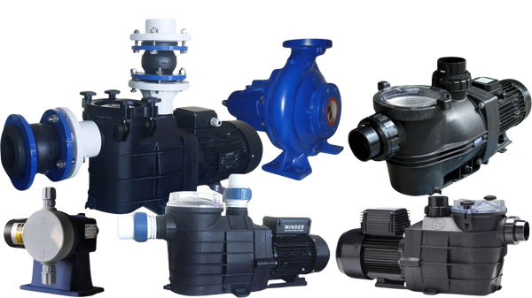 Various industrial and water pumps arranged in a collage.