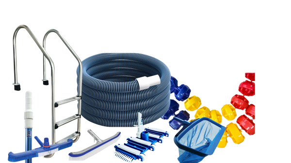 Various swimming pool cleaning tools including a hose, ladder, brushes, net, and lane dividers.