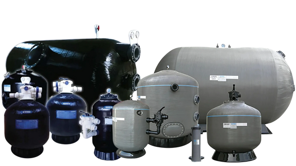 Various industrial water filtration tanks in black and gray colors.