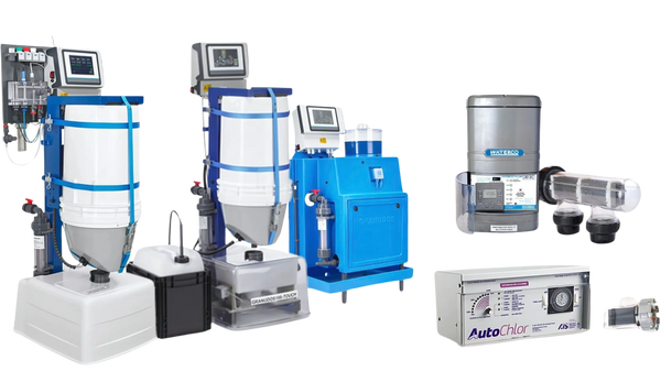 Various water treatment and chlorination devices with digital controls.