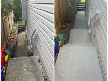 Side-by-side comparison of outdoor stairs before and after cleaning and repairs.