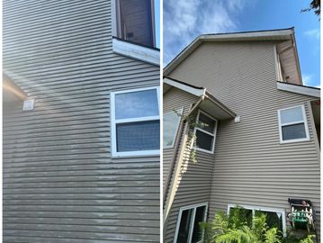 Side-by-side comparison of a house exterior before and after cleaning.