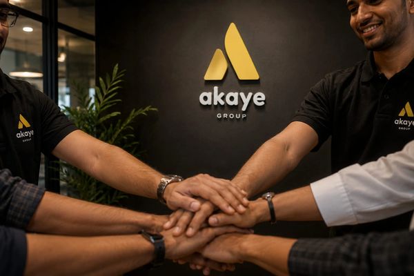 Teamwork at Akaye Group office with hands stacked.