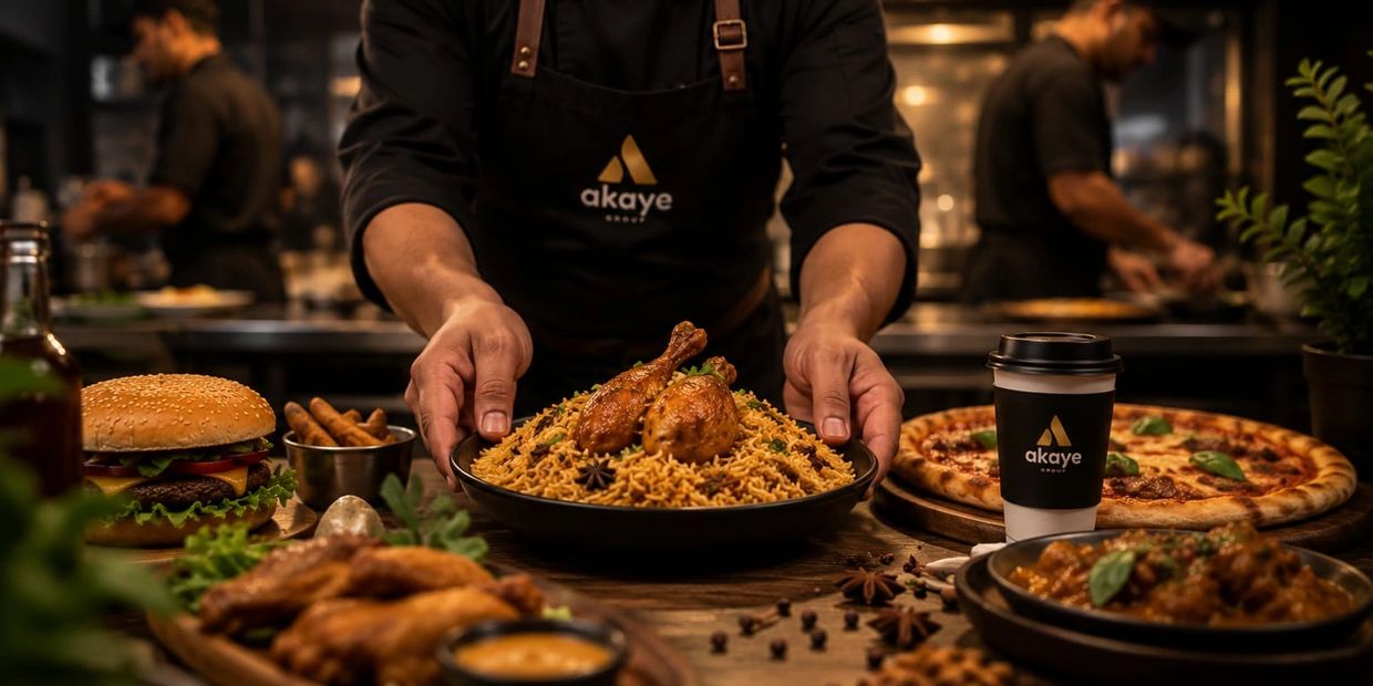 Chef presenting a plate of chicken biryani in a restaurant.