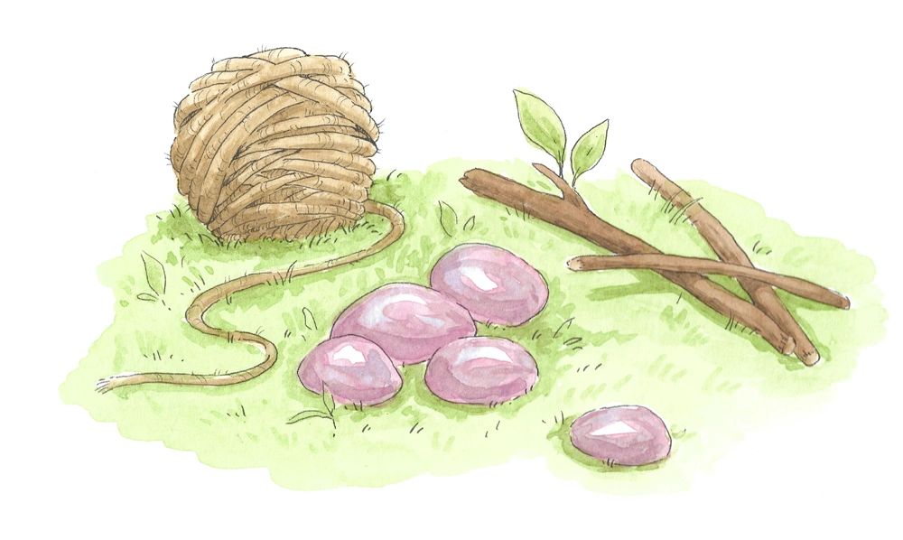 About page of Charlie Mouse Books
An illustration of a ball of string, pebbles and twigs lying on the grass