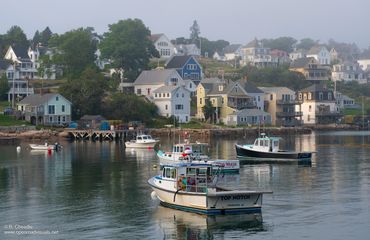 Fishing boats docked near a coastal village with colorful houses.