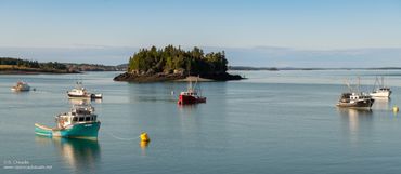Fishing boats anchored near a small tree-covered island on calm water.