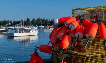 Red lobster traps and buoys near fishing boats.
