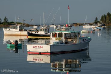 Fishing boats docked in calm water with clear reflections.