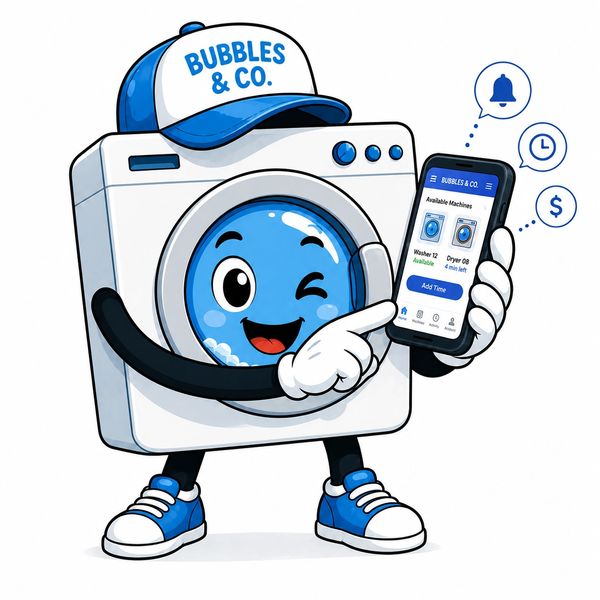 Cartoon washing machine mascot with a cap, holding a phone showing laundry app.