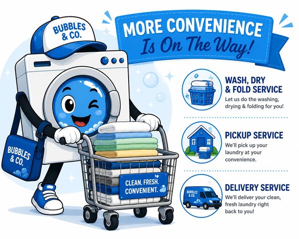 Cartoon washing machine promotes laundry services with a shopping cart full of folded clothes.