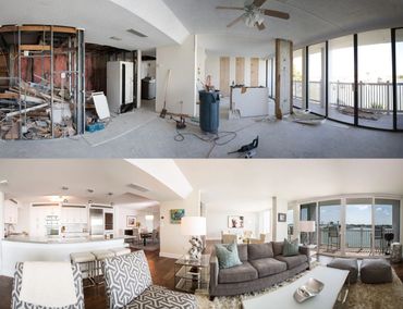 A home showing before and after renovation with a modern living room and kitchen.