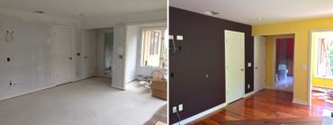 Before and after renovation of a room with new paint and flooring.