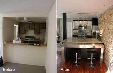 Before and after of a kitchen renovation with modern updates.