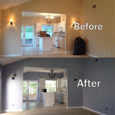 Before and after home renovation showing wall color change from beige to gray.