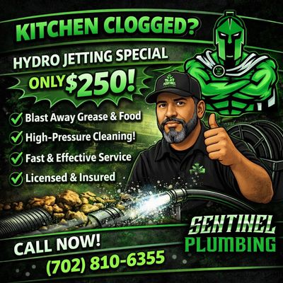Plumbing ad offering $250 hydro jetting to clear kitchen clogs fast and effectively.