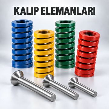 Renkli kalıp elemanları ve miller.