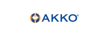 AKKO logosu mavi ve turuncu renklerde.