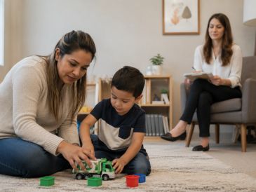 Mother and son playing with a toy truck on the carpet at home.