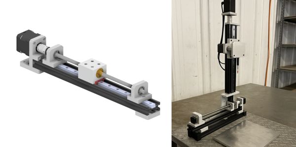 Side-by-side comparison of a linear actuator CAD model and its real-world assembled version.