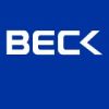 Beck logo in white on blue background.