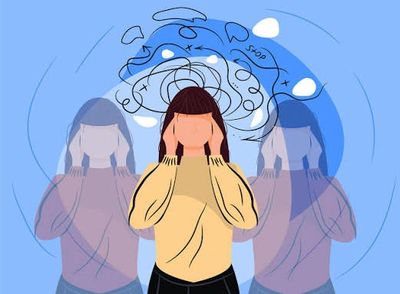 Person overwhelmed with thoughts and dizziness.