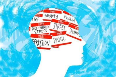 Silhouette filled with mental health issues' labels.