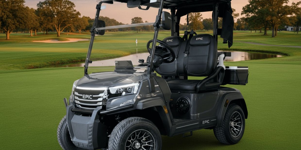 2026 Epic E20FX golf cart parked on a scenic golf course in Fort Myers, FL