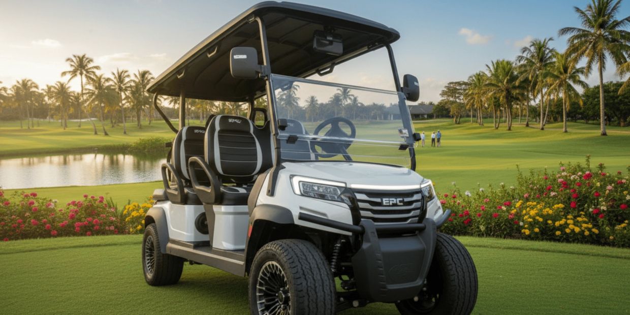 2026 Epic E60FX six-passenger golf cart on a palm-lined golf course in Fort Myers, FL