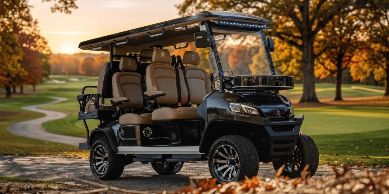 Black Conquest EV golf cart with tan leather seats on a golf course at sunset.