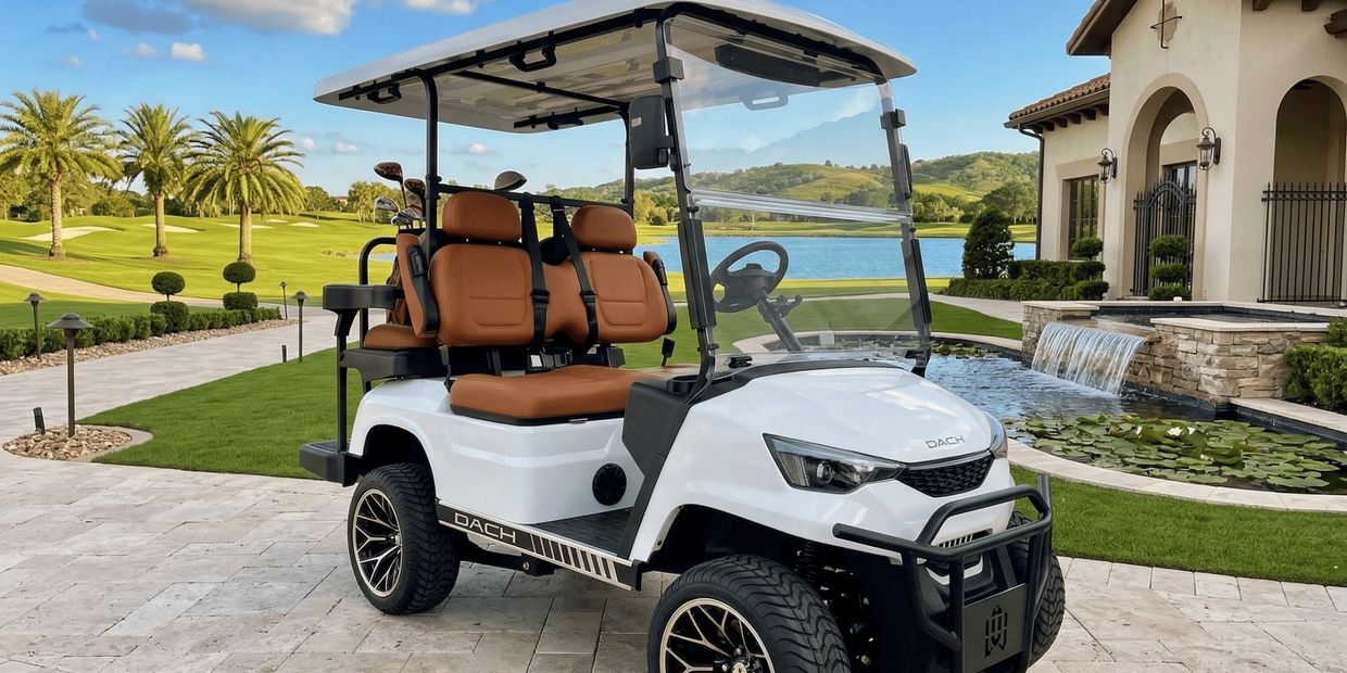 White DACH golf cart with brown leather seats at a Mediterranean-style estate.