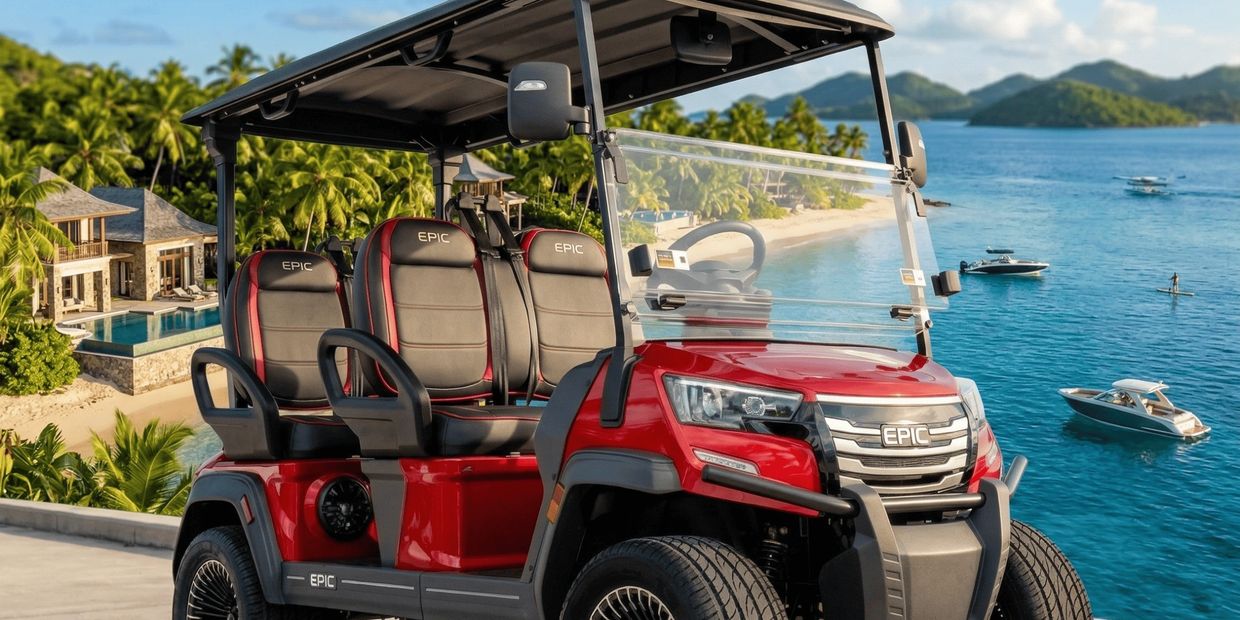 Red EPIC golf cart with sport bucket seats overlooking a tropical beach.