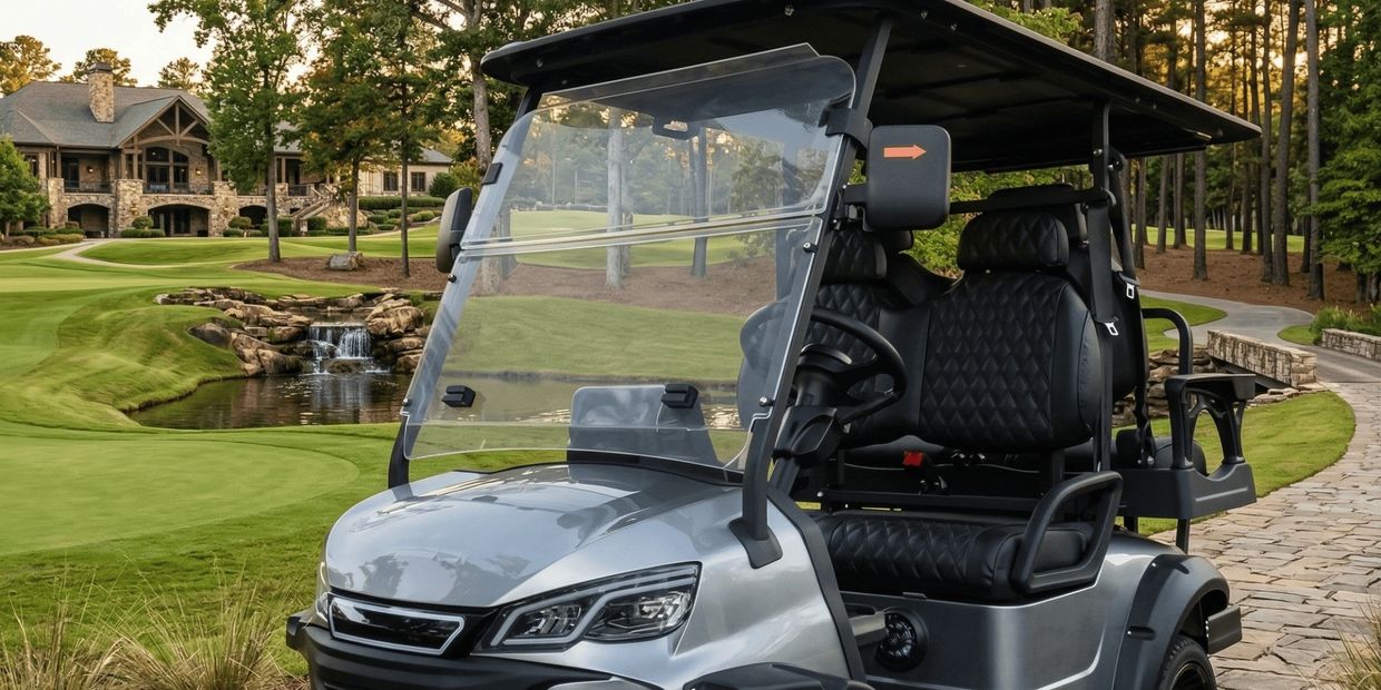 Silver golf cart with black leather seats and LED headlights at a luxury golf course.